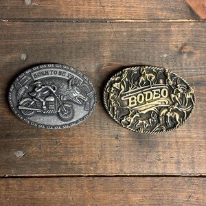 Vtg Style Metal Textured Motorcycle Biker & Rodeo Cowboy Western Belt Buckles